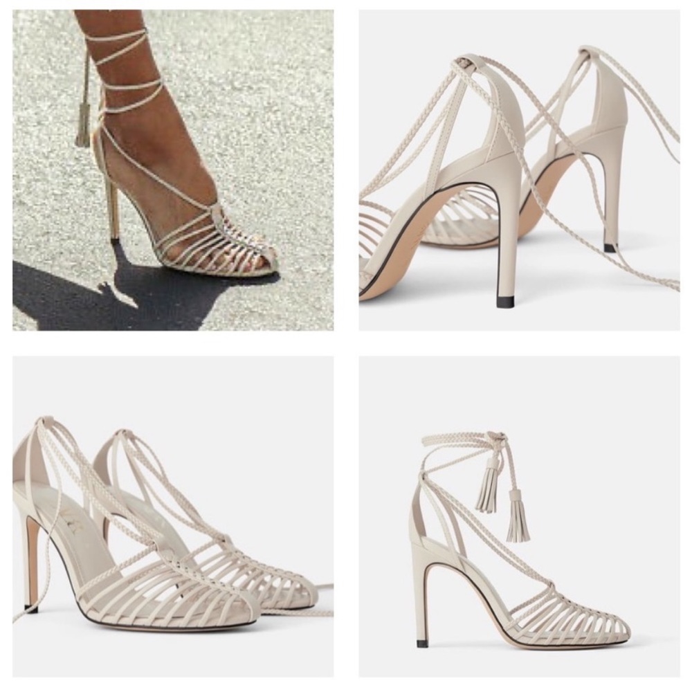 Zara high heel cream cage sandal braided ankle strap tassels Sz 40 9.5-10